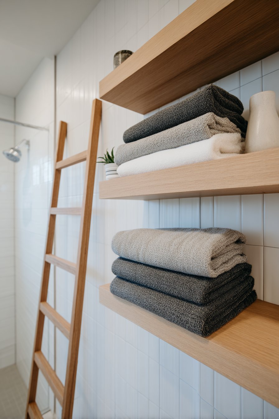 Functional Scandinavian Bathroom with Open Shelving Storage