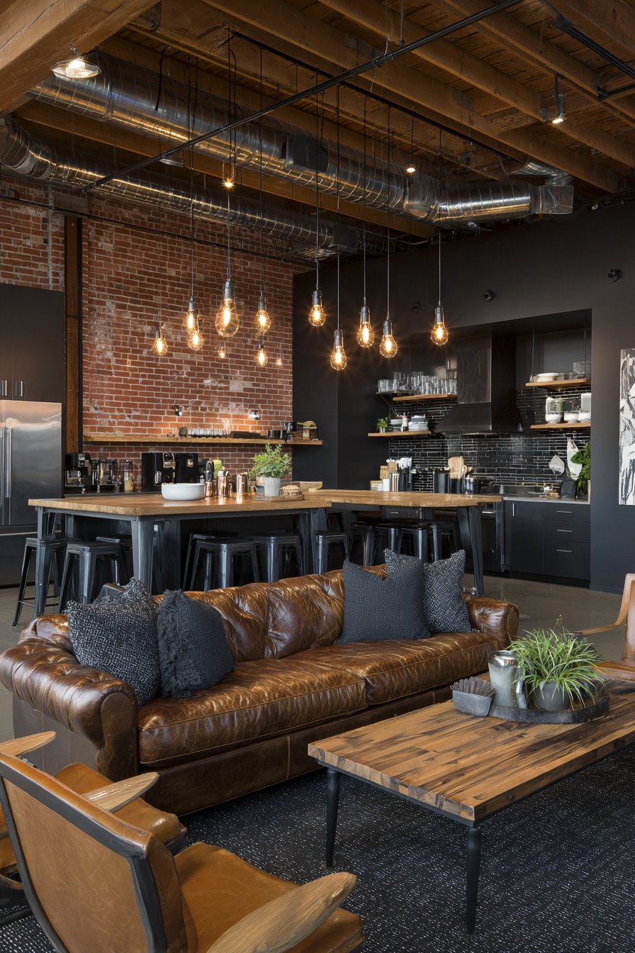 Industrial-Style with Exposed Brick and Glass Partition