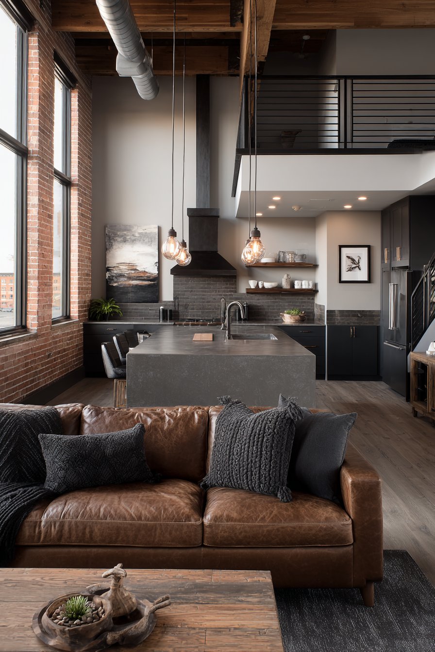 Industrial-Style with Exposed Brick and Glass Partition