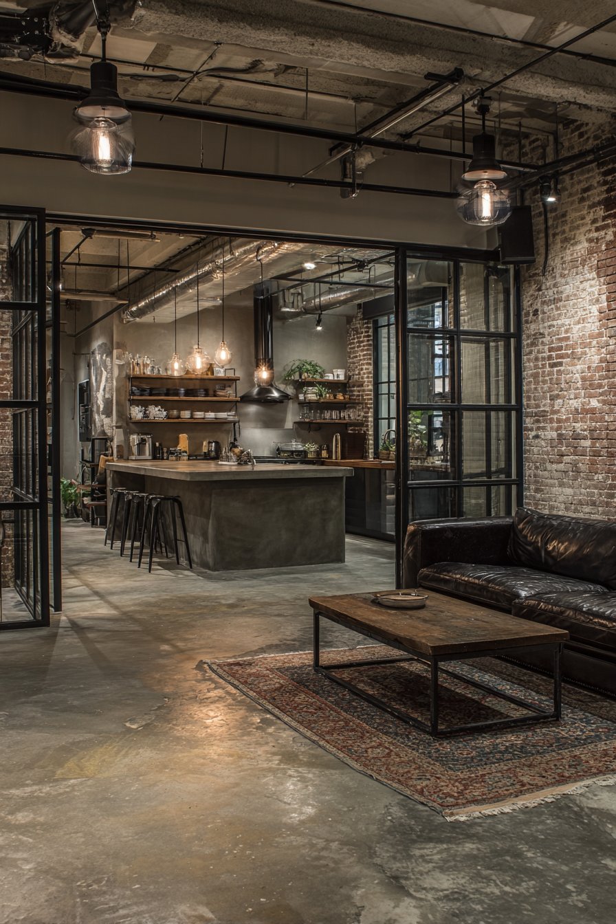 Industrial-Style with Exposed Brick and Glass Partition