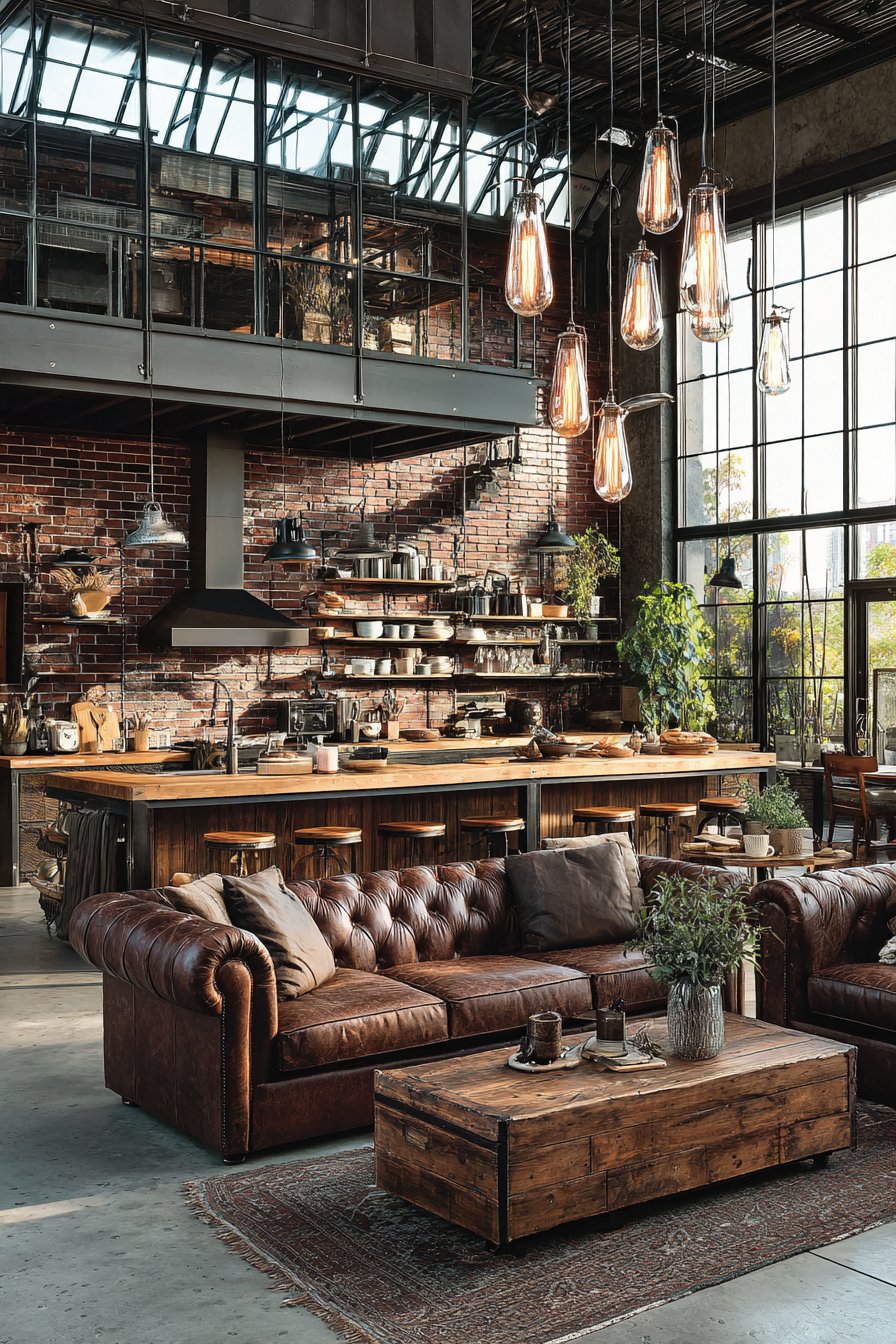 Industrial-Style with Exposed Brick and Glass Partition