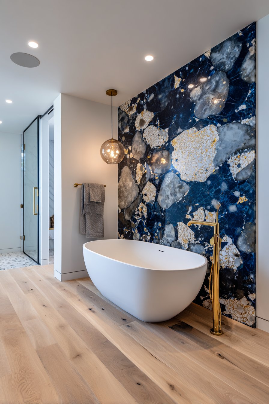Luxury Navy Terrazzo Accent Wall with Freestanding Tub