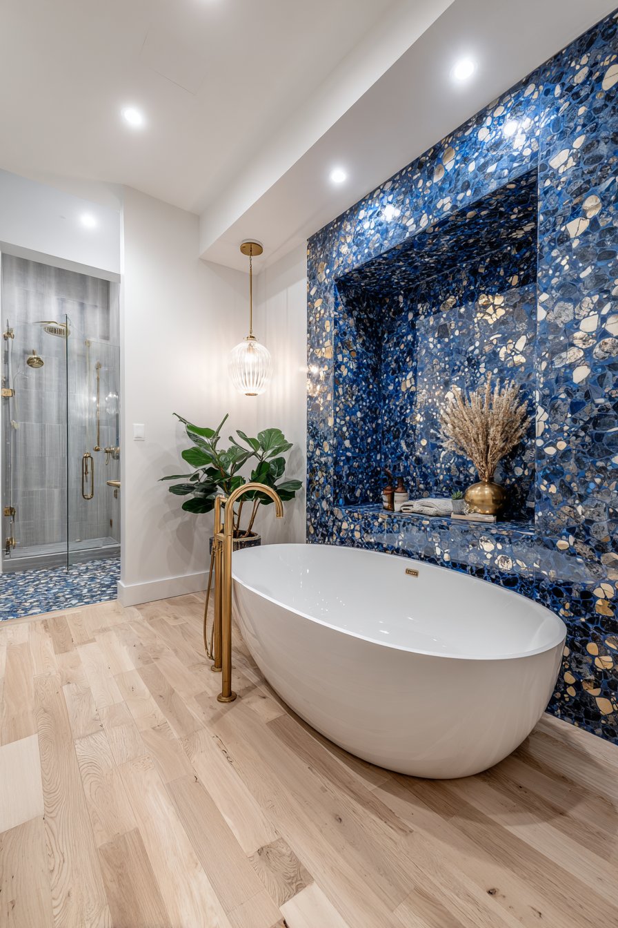 Luxury Navy Terrazzo Accent Wall with Freestanding Tub
