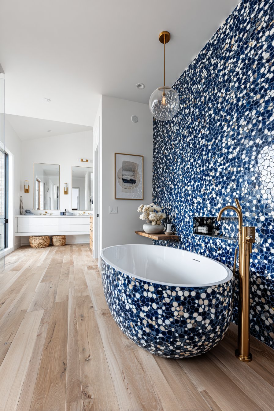 Luxury Navy Terrazzo Accent Wall with Freestanding Tub