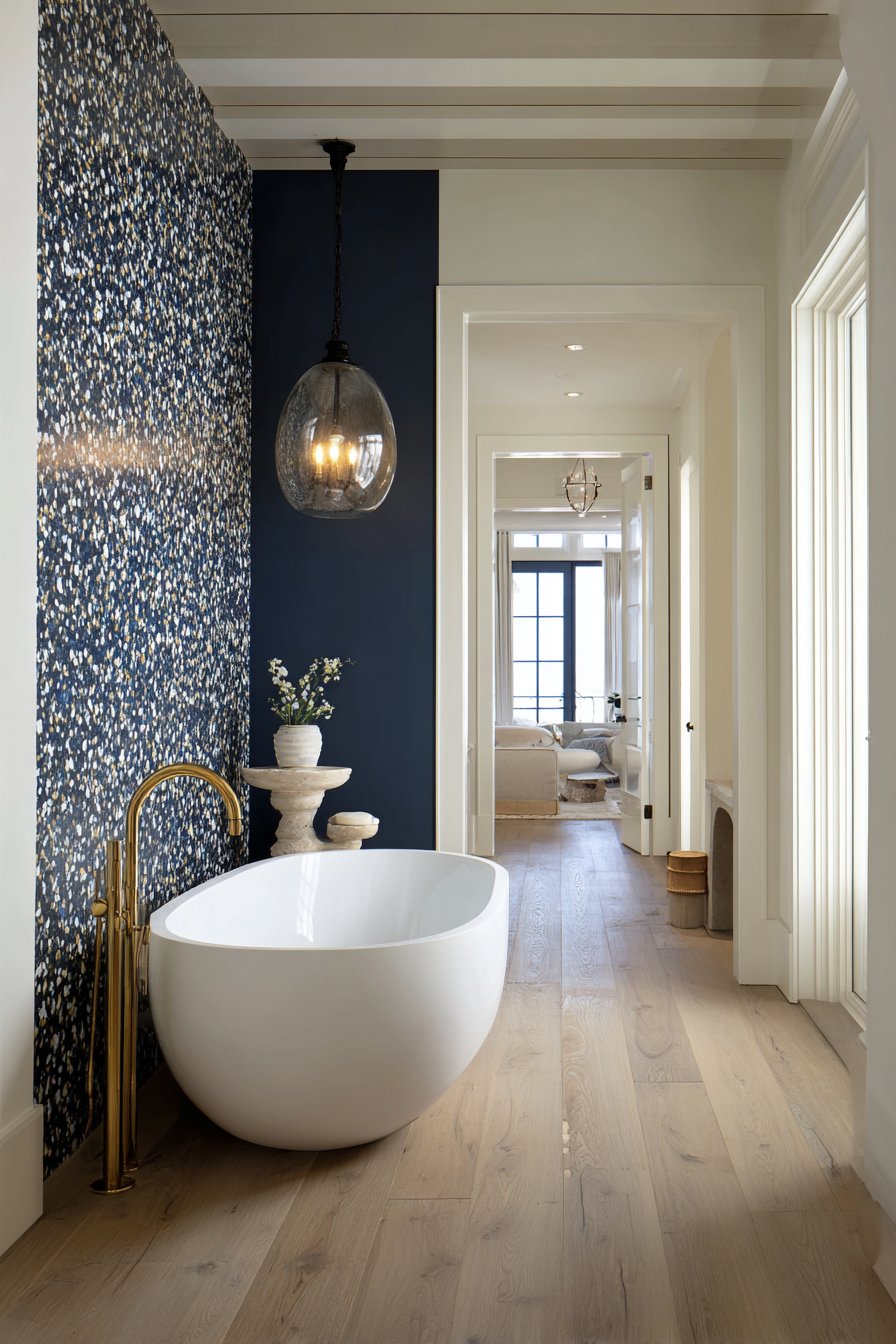 Luxury Navy Terrazzo Accent Wall with Freestanding Tub