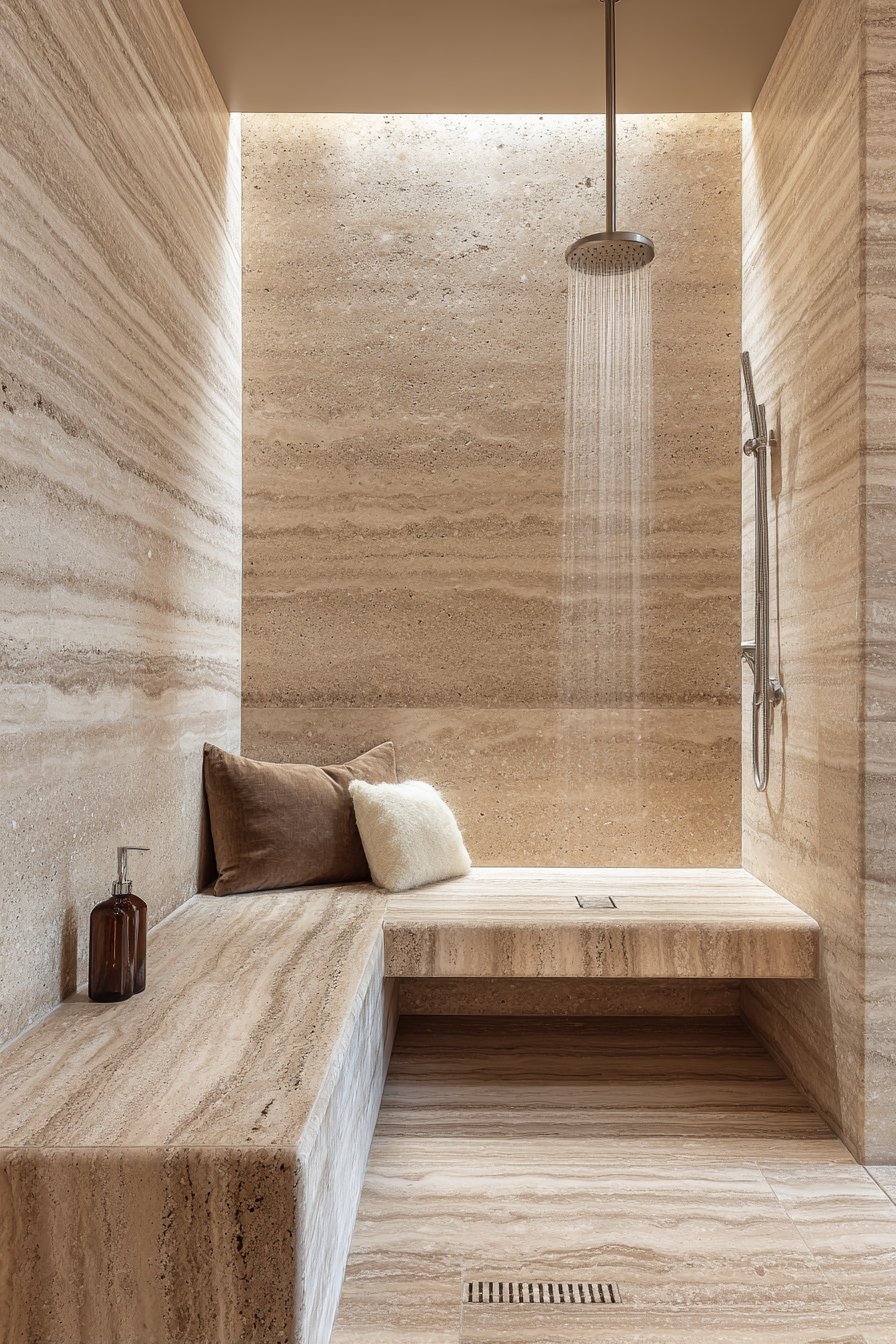 Transitional Travertine Shower Retreat