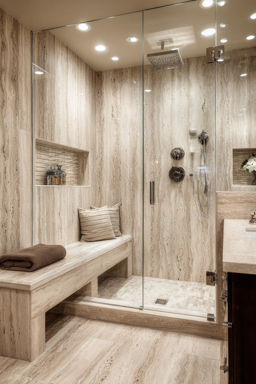 Transitional Travertine Shower Retreat