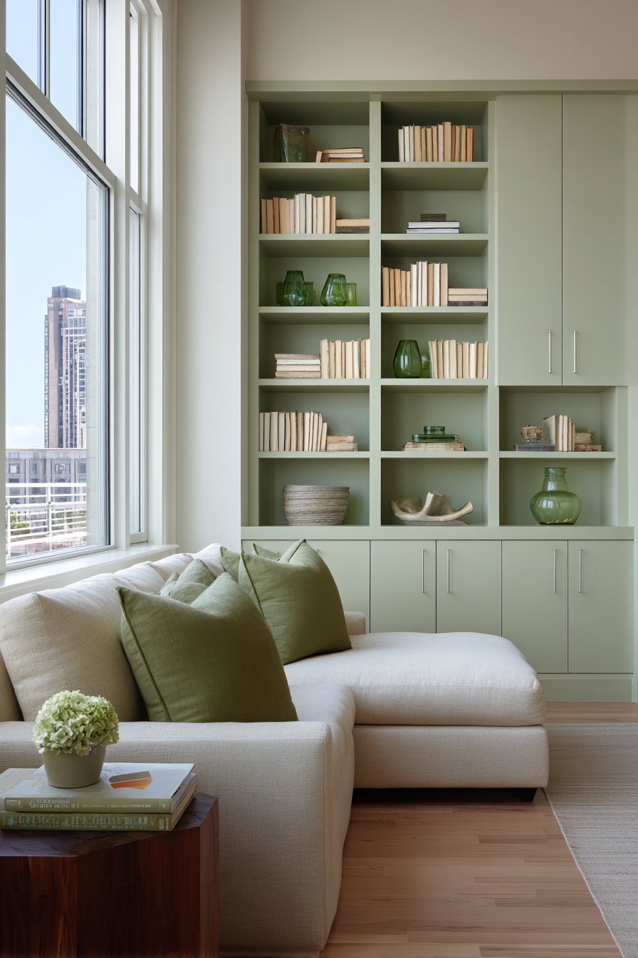 Functional Storage with Sage Green Cabinetry