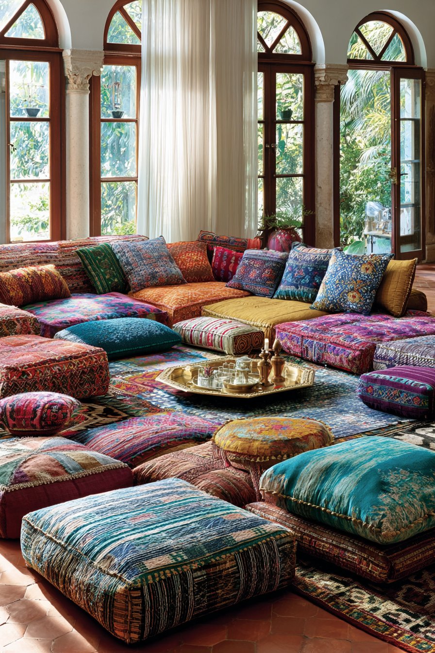 Floor Cushion Collection with Layered Textile Artistry