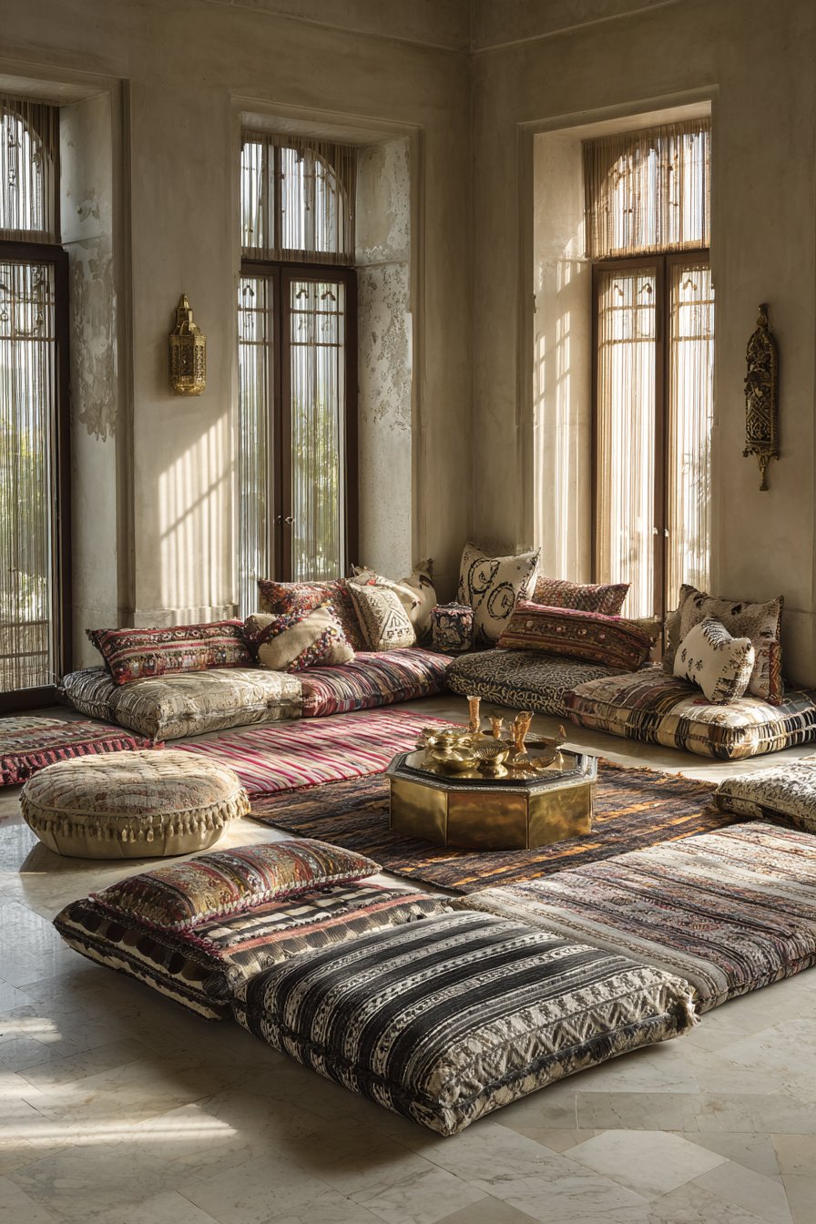 Floor Cushion Collection with Layered Textile Artistry