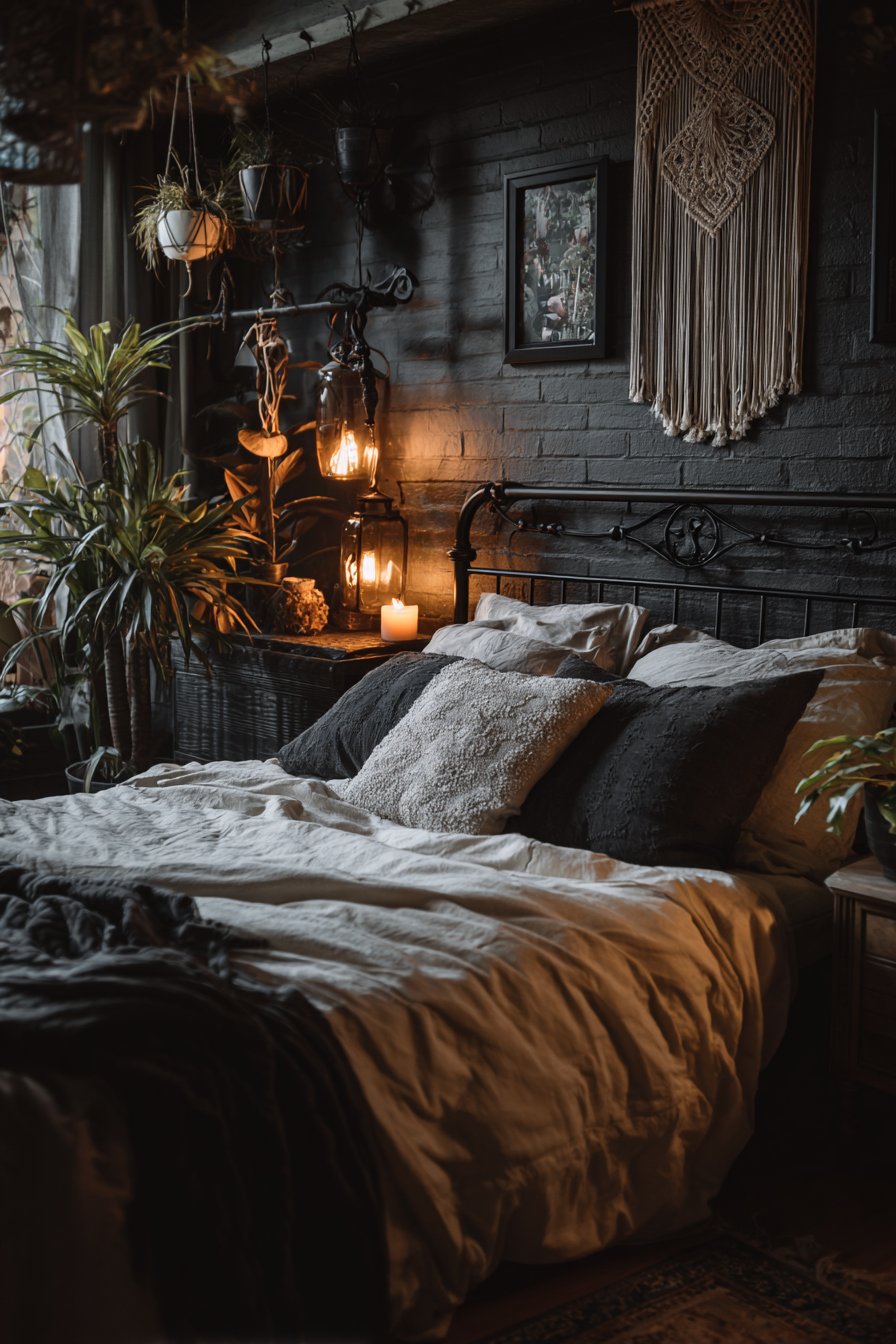 Eclectic Black Painted Brick with Bohemian Textiles