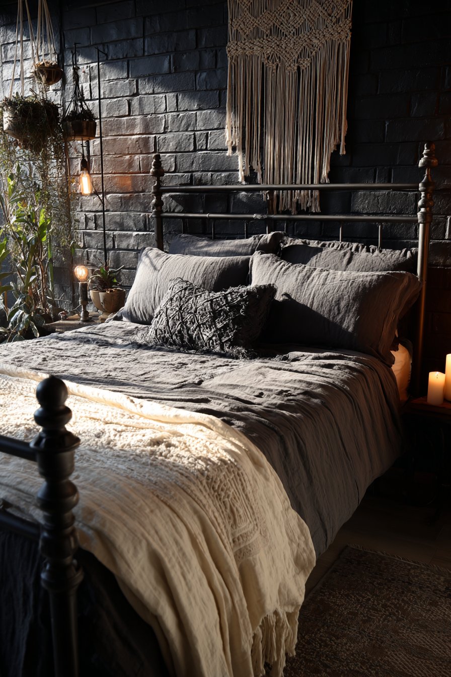 Eclectic Black Painted Brick with Bohemian Textiles