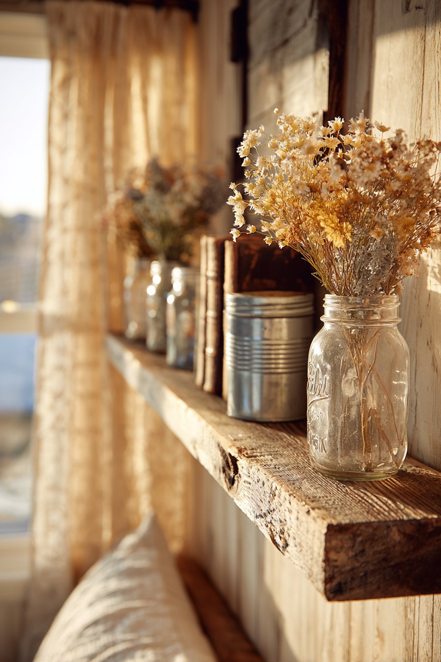 Farmhouse Authenticity with Distressed Pine Floating Shelves