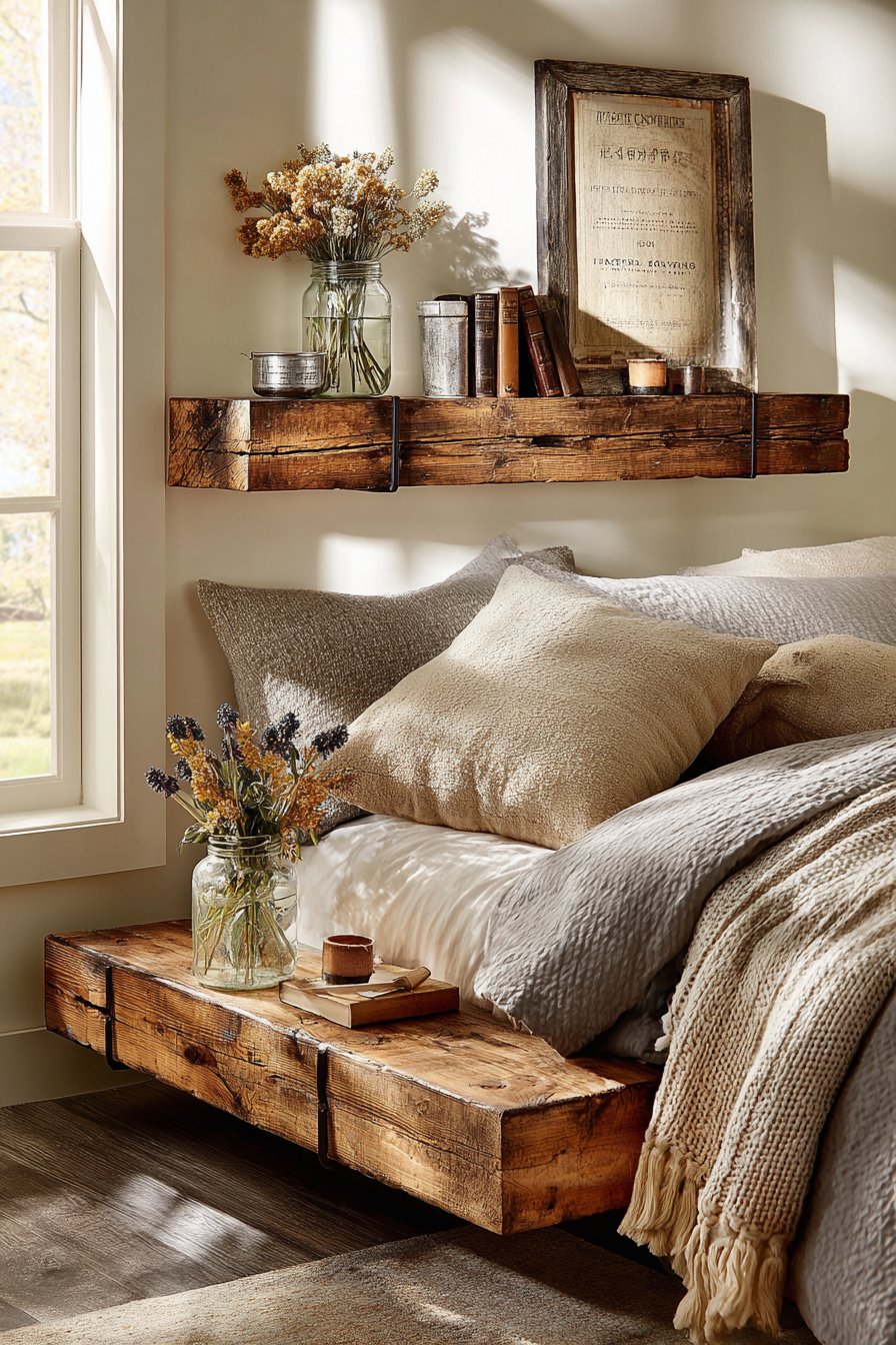 Farmhouse Authenticity with Distressed Pine Floating Shelves