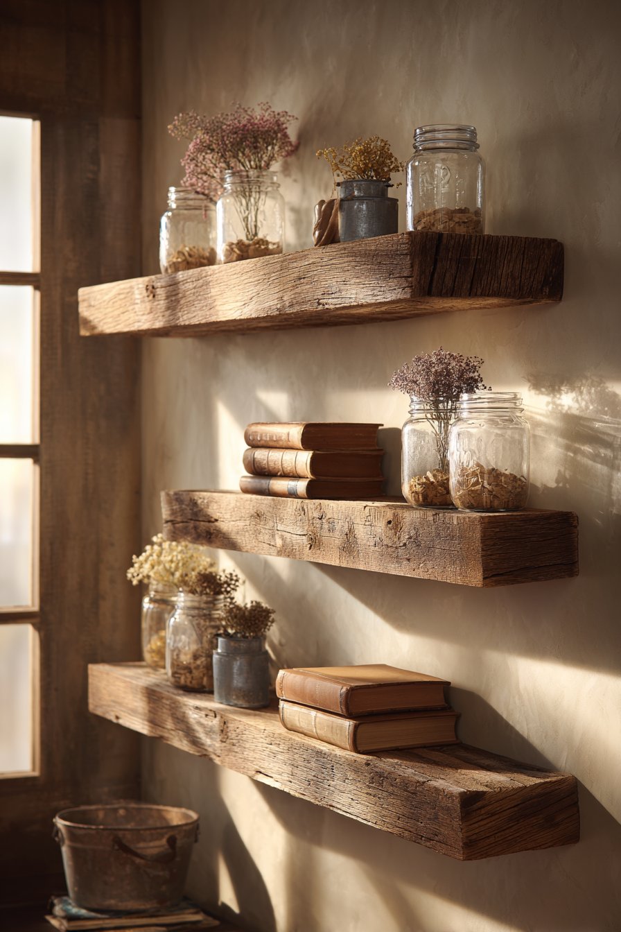 Farmhouse Authenticity with Distressed Pine Floating Shelves