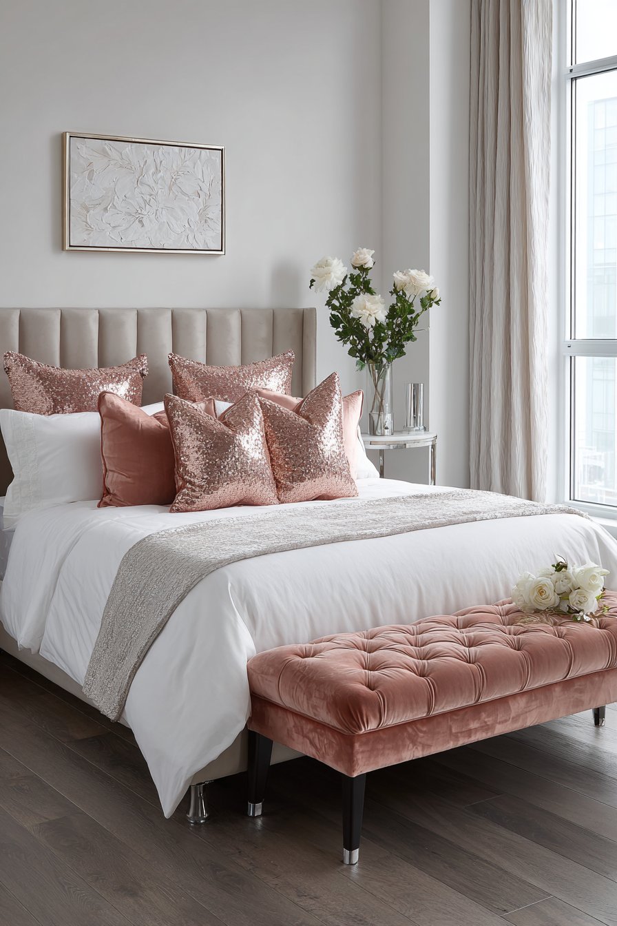 Blush and Chrome: Textured Elegance at the Bed's Foot