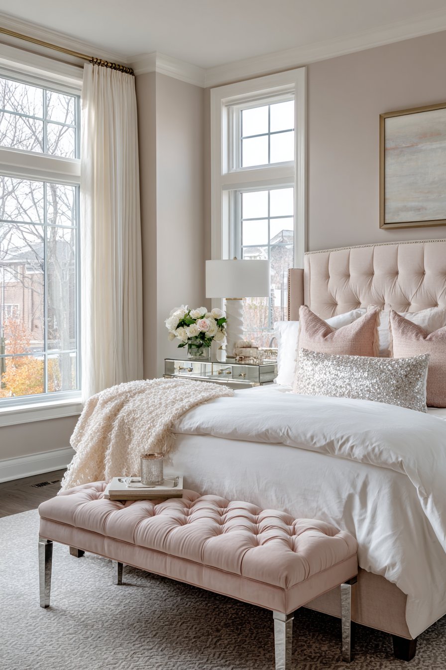 Blush and Chrome: Textured Elegance at the Bed's Foot