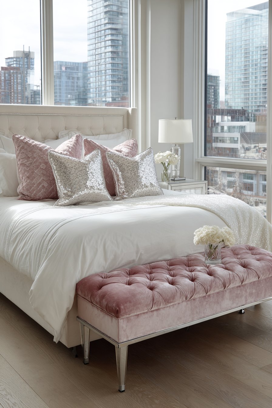 Blush and Chrome: Textured Elegance at the Bed's Foot