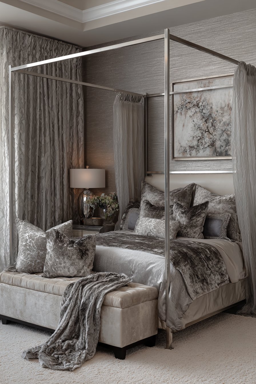 Luxurious Grey Bedroom with Canopy Drama