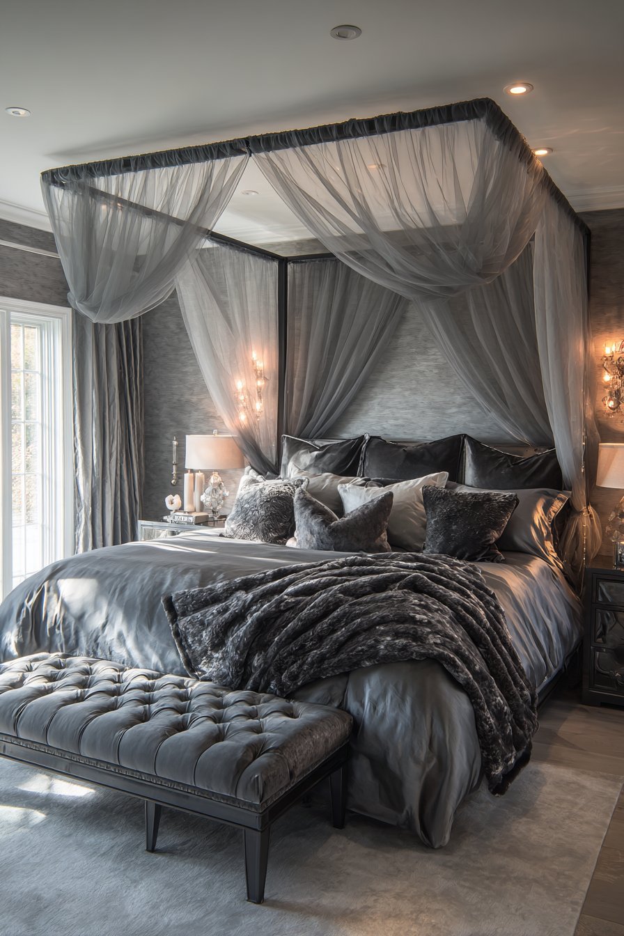 Luxurious Grey Bedroom with Canopy Drama
