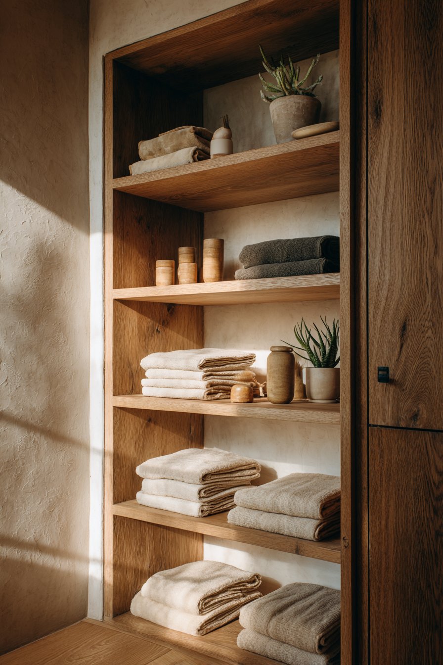 Oak Storage Shelving with Organized Natural Aesthetic