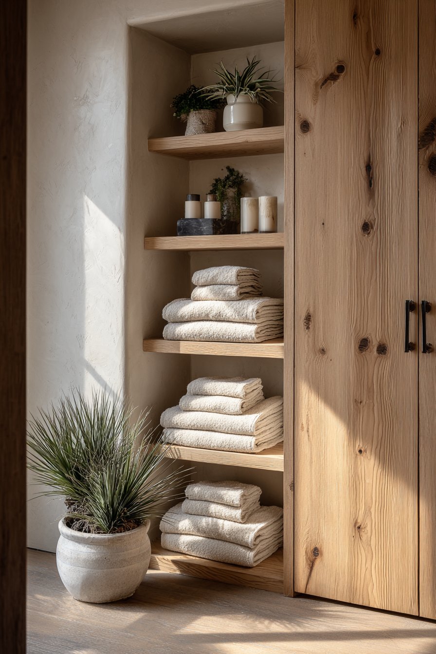 Oak Storage Shelving with Organized Natural Aesthetic
