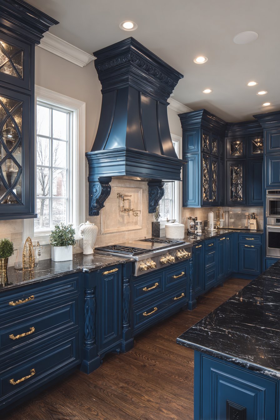 Traditional Elegance with Detailed Navy Blue Kitchen Cabinets