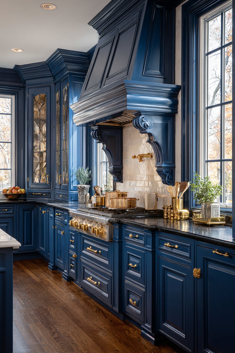 Traditional Elegance with Detailed Navy Blue Kitchen Cabinets