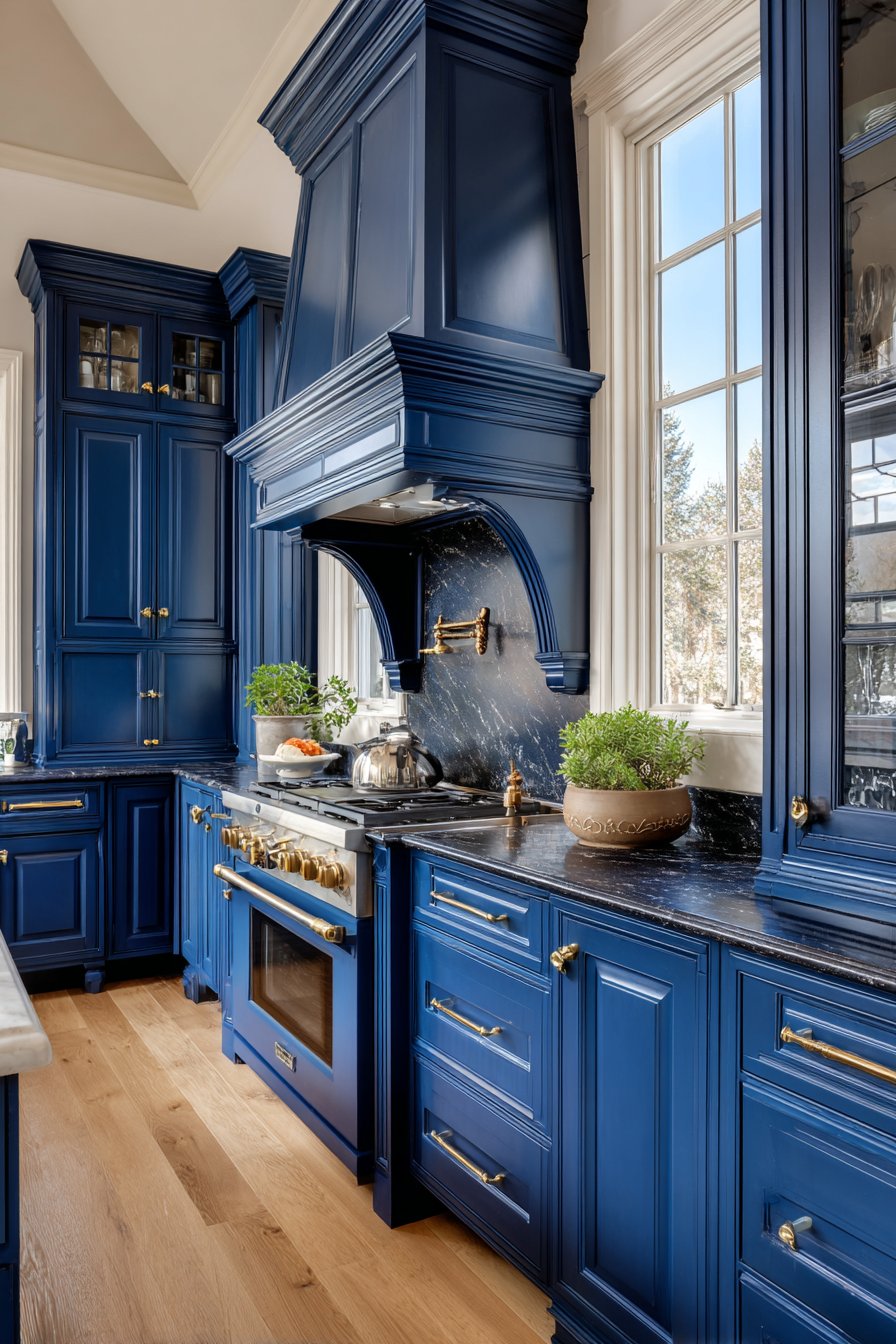 Traditional Elegance with Detailed Navy Blue Kitchen Cabinets