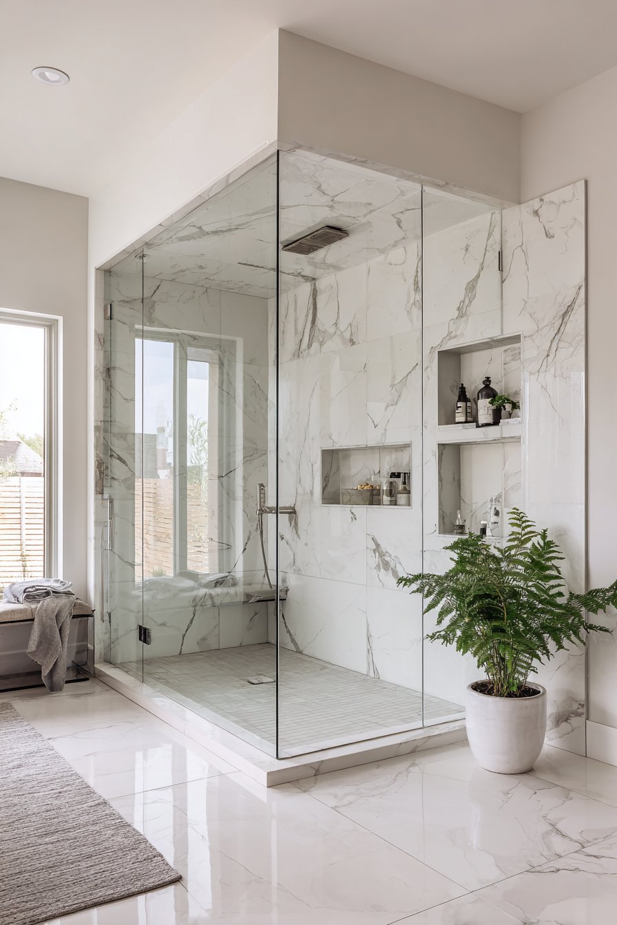 Modern Scandinavian Bathroom with Marble-Look Porcelain Tiles