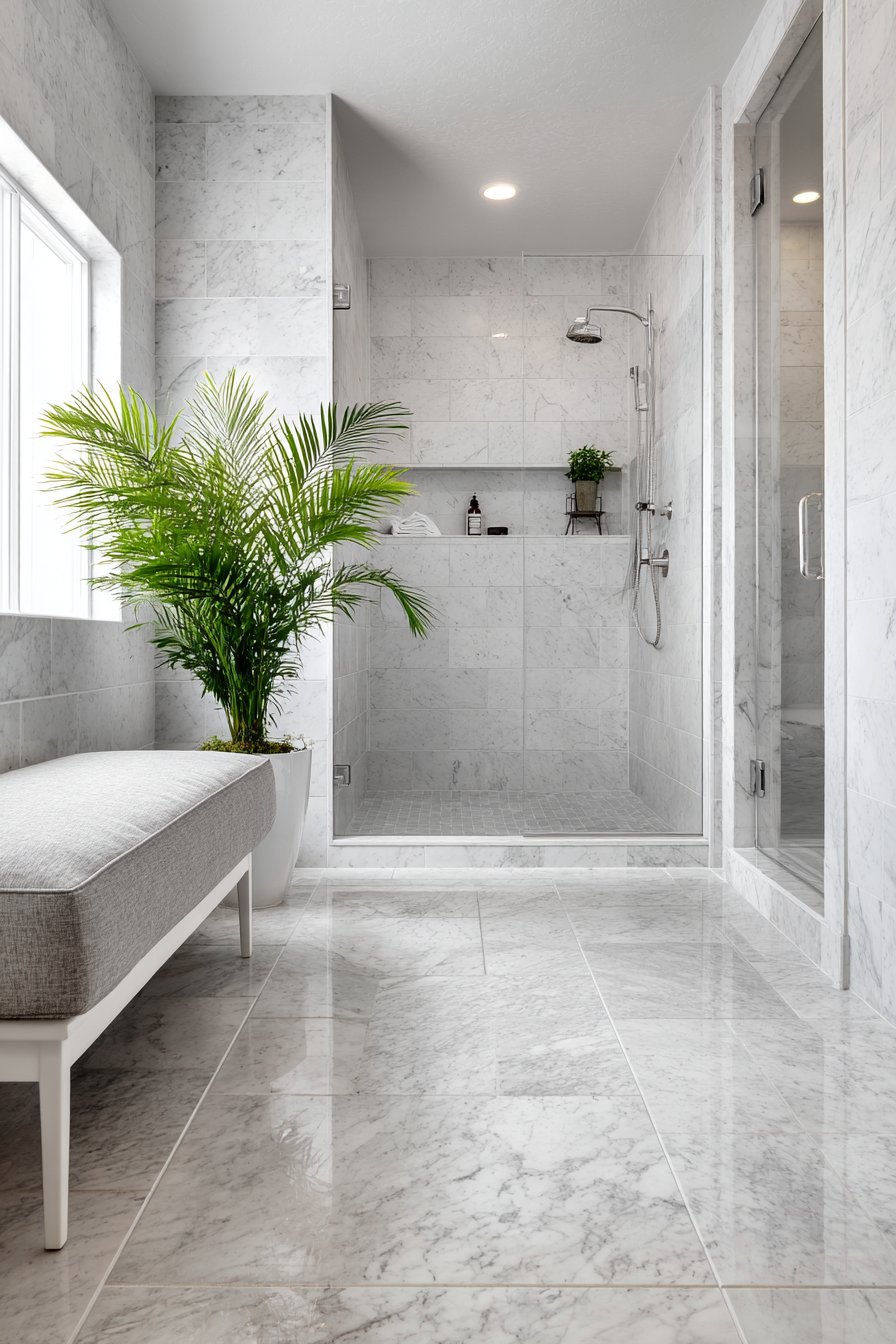 Modern Scandinavian Bathroom with Marble-Look Porcelain Tiles
