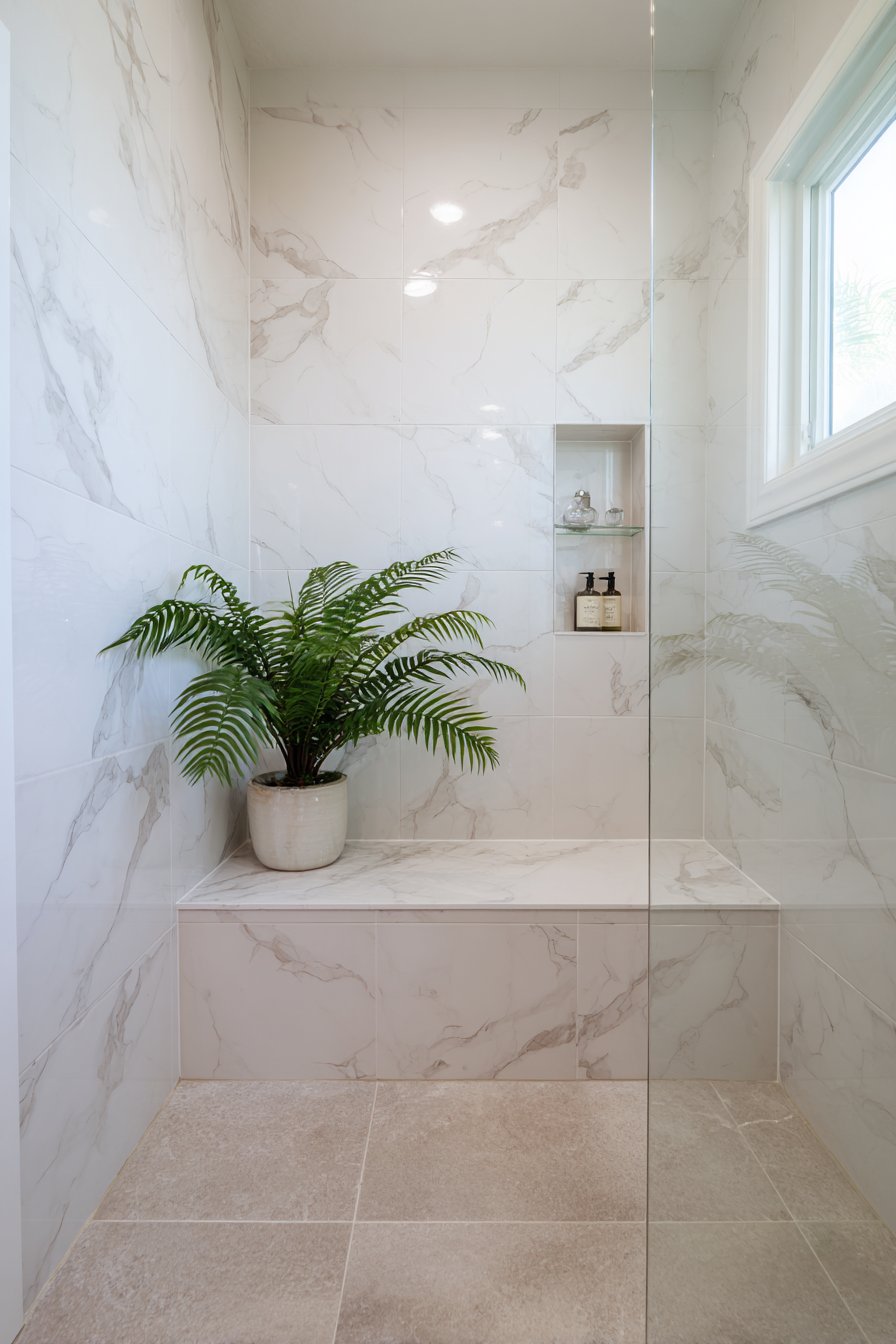 Modern Scandinavian Bathroom with Marble-Look Porcelain Tiles