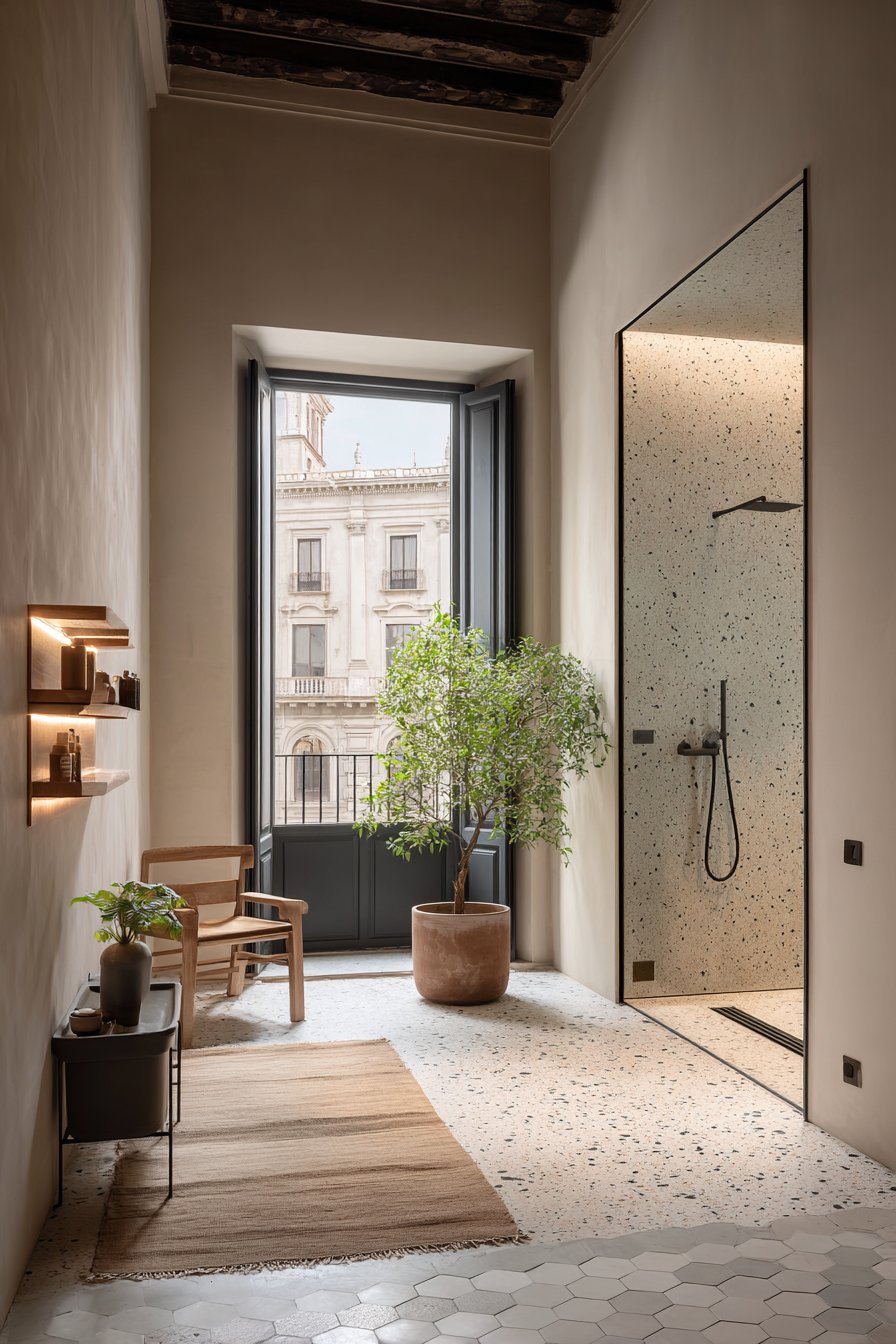 Classic White Terrazzo with Integrated Wet Room Design