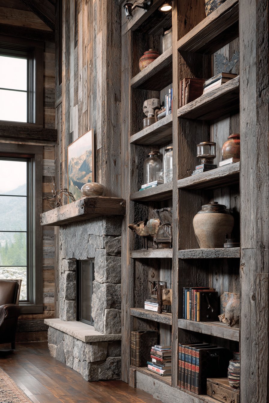 Rustic Repurposed Barn Wood with Fireplace Integration