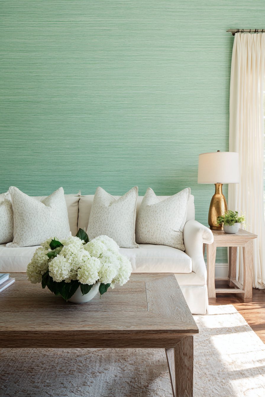Sophisticated Mint Grasscloth Accent Wall