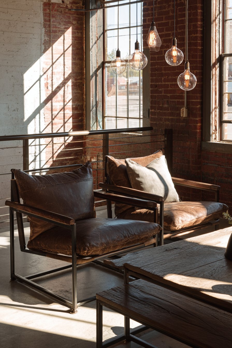 Industrial Cognac Leather Sling Chairs