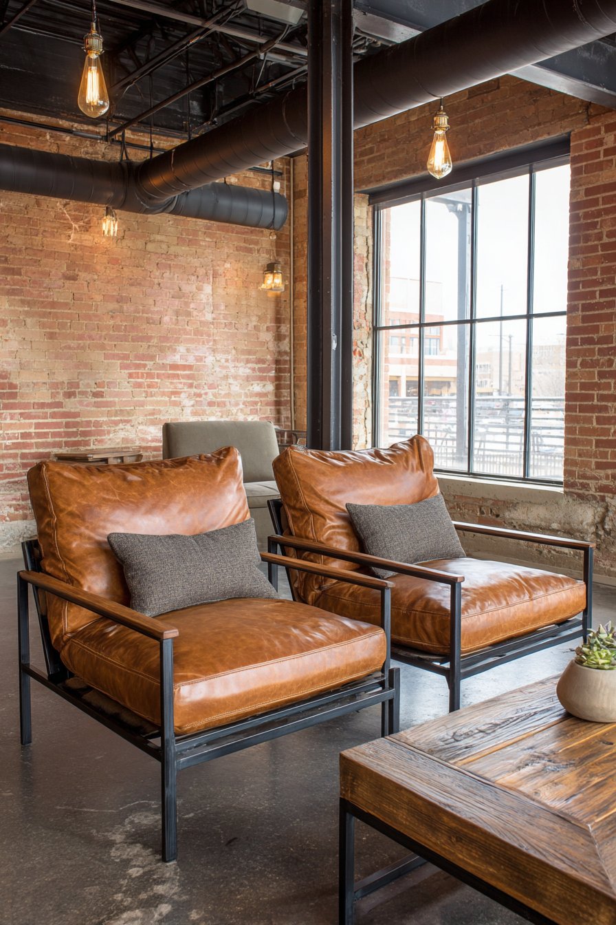 Industrial Cognac Leather Sling Chairs