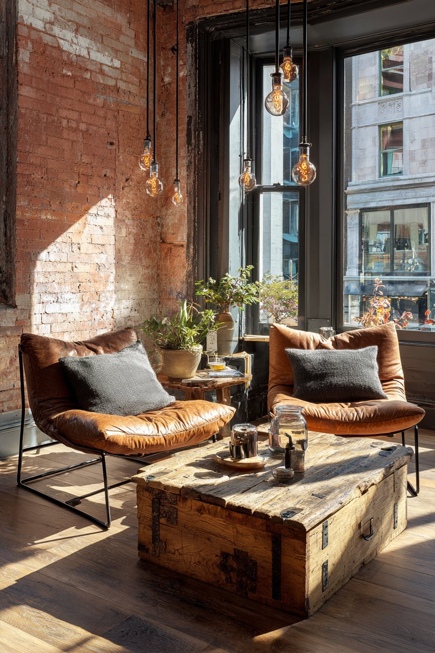 Industrial Cognac Leather Sling Chairs