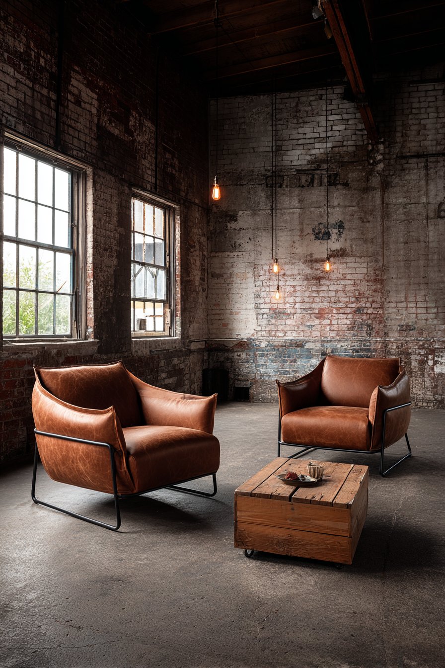 Industrial Cognac Leather Sling Chairs