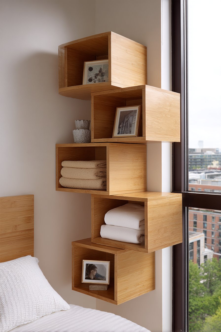 Space-Maximizing Corner Floating Shelves in Honey Bamboo