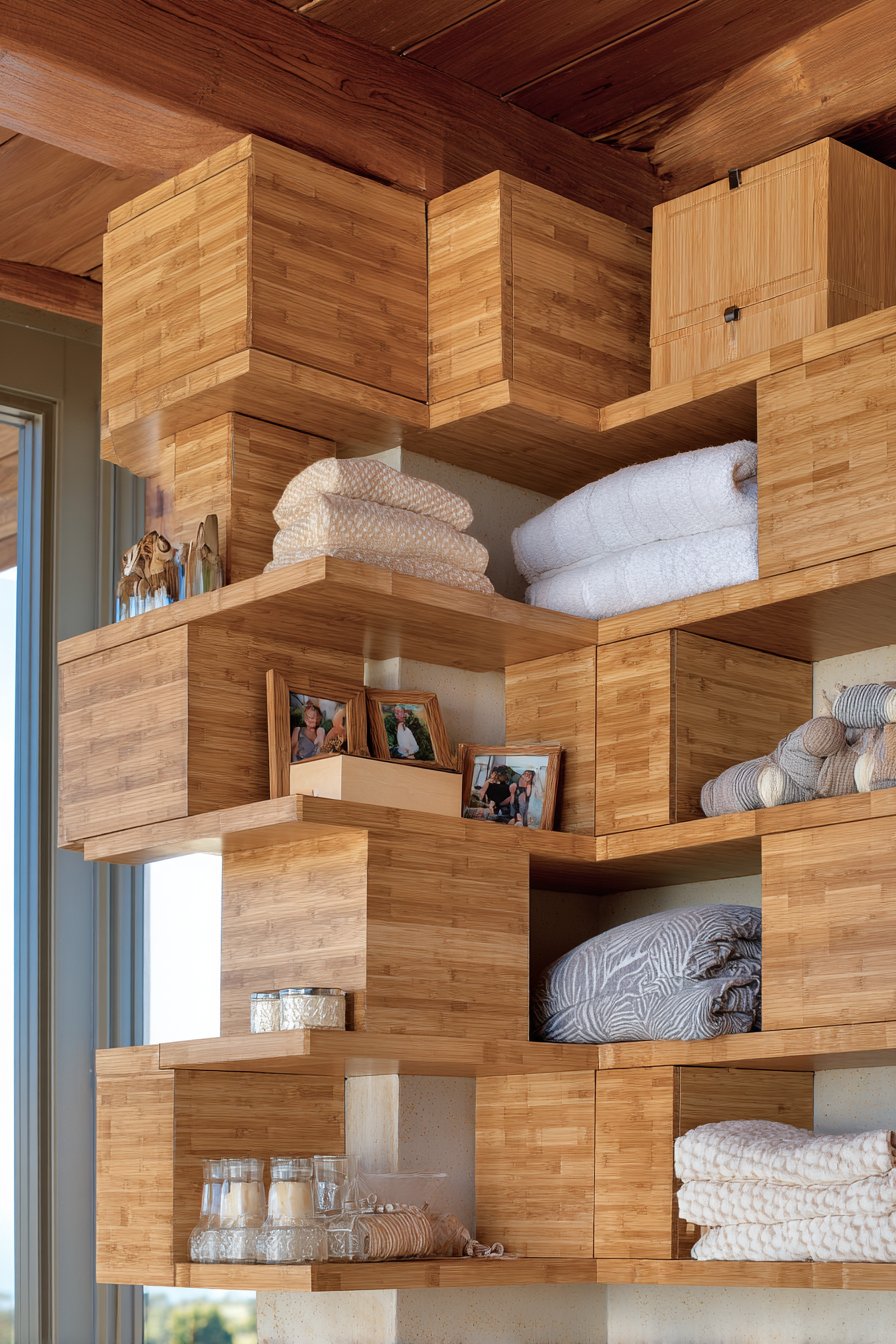 Space-Maximizing Corner Floating Shelves in Honey Bamboo