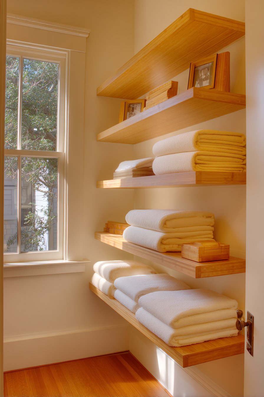 Space-Maximizing Corner Floating Shelves in Honey Bamboo