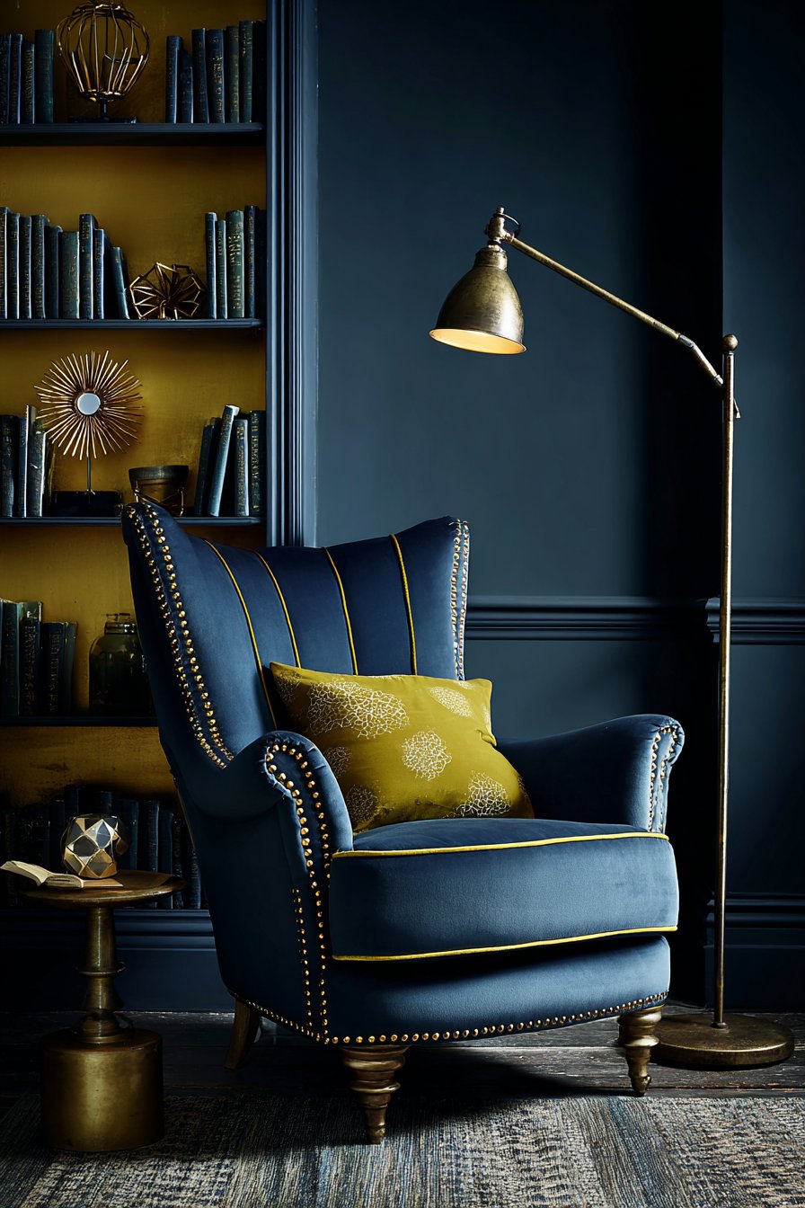 Cozy Reading Nook with Navy and Gold