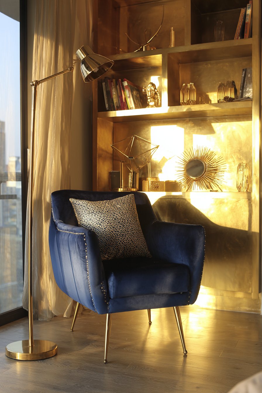Cozy Reading Nook with Navy and Gold