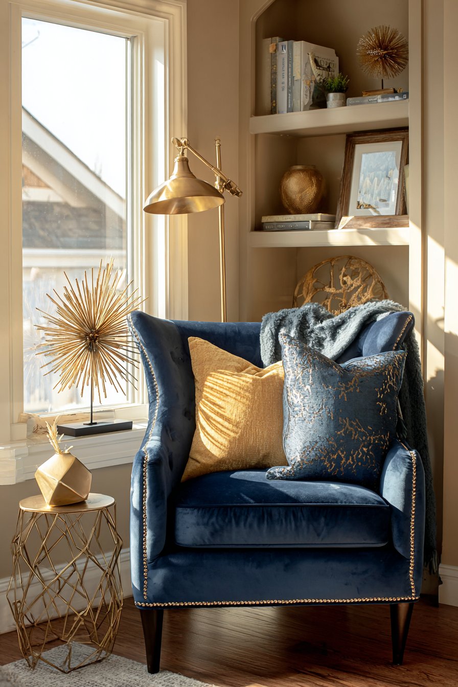 Cozy Reading Nook with Navy and Gold