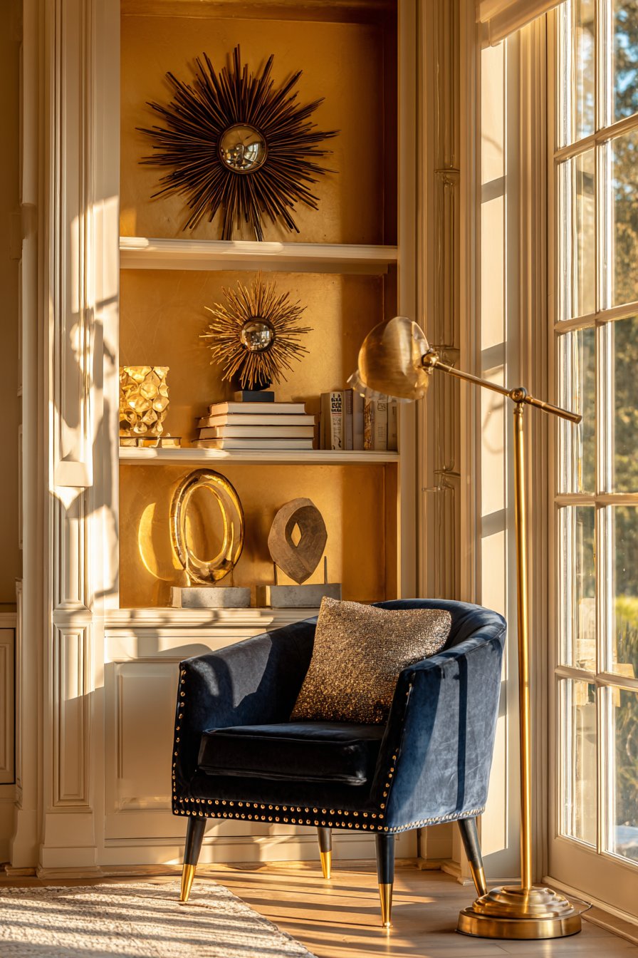 Cozy Reading Nook with Navy and Gold