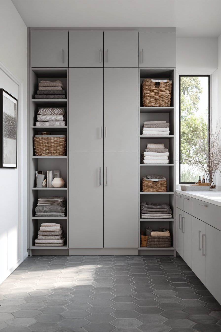 Organized Storage-Focused Gray Bathroom