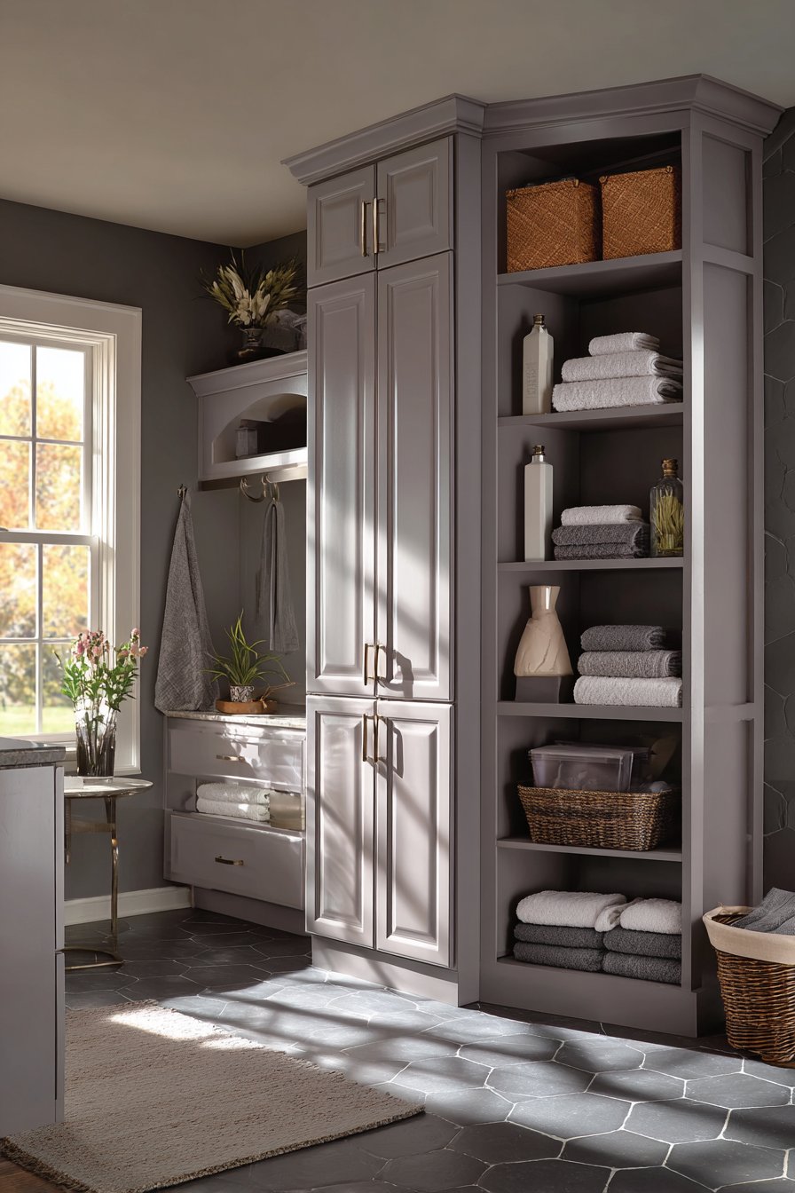Organized Storage-Focused Gray Bathroom