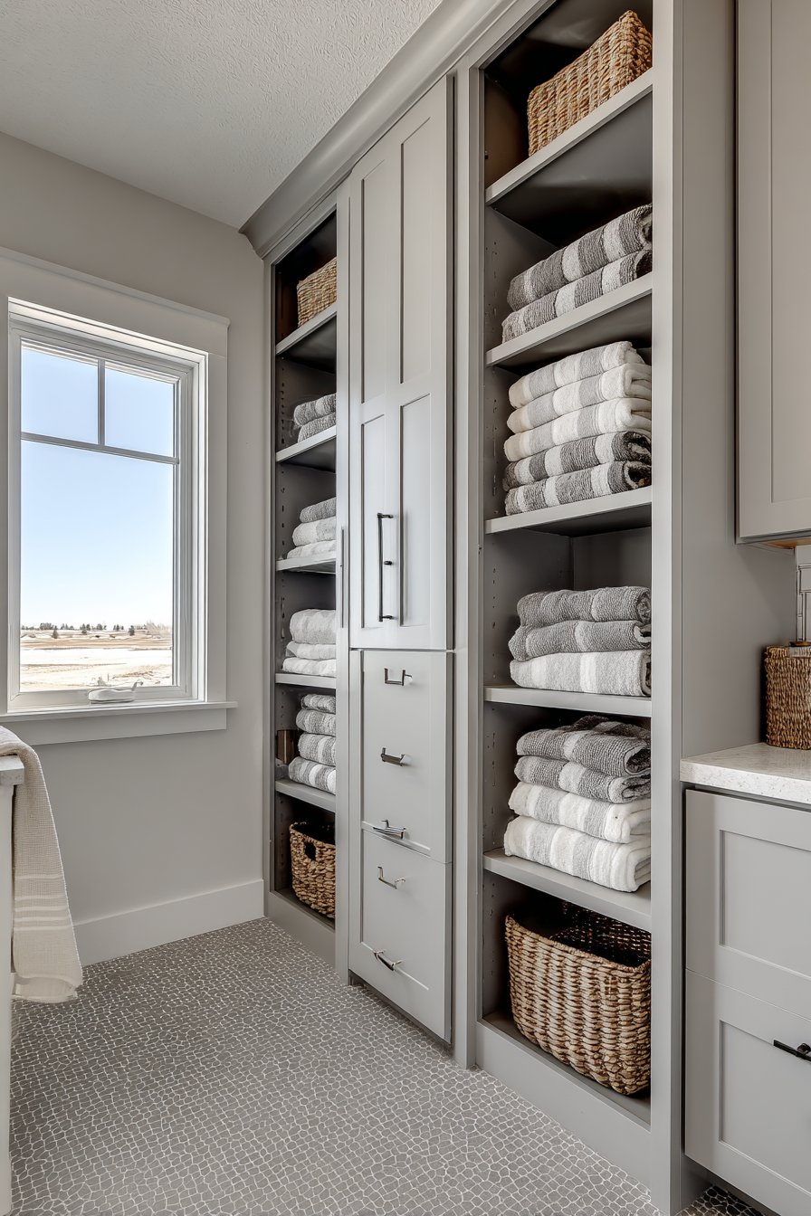 Organized Storage-Focused Gray Bathroom