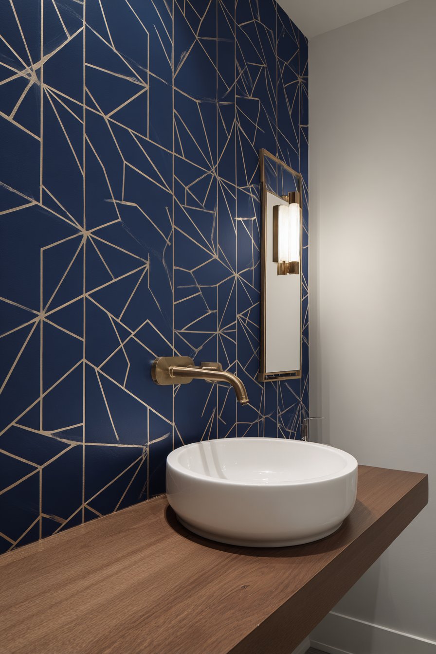 Powder Room Drama with Navy Wallpaper